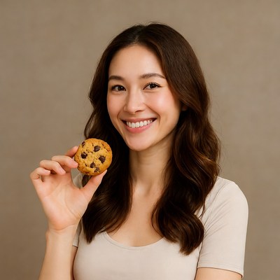 Asian woman holding chocolate chip cookie