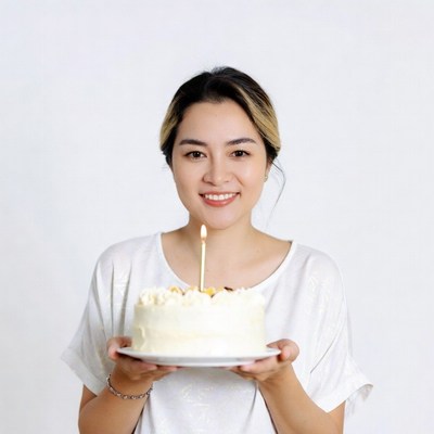 Asian woman holding birthday cake