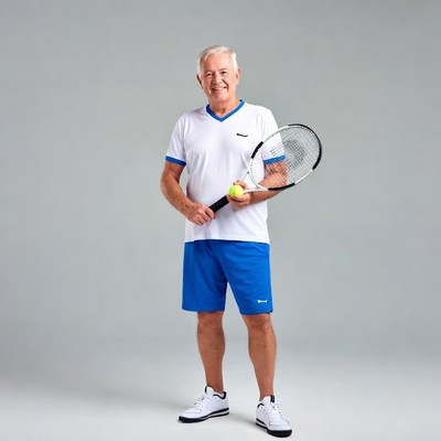Senior man holding tennis racket and ball