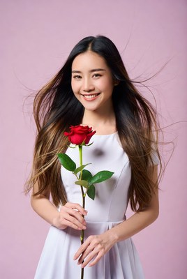 Asian woman holding red rose
