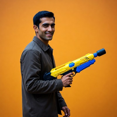 Man holding yellow Nerf gun