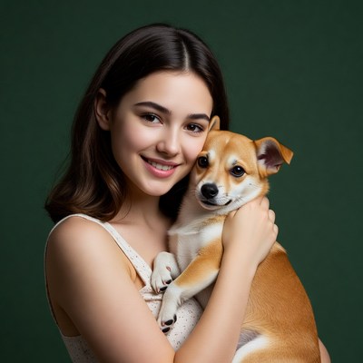Young woman holding small brown dog