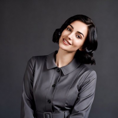 Smiling woman in gray dress suit