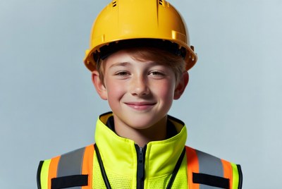 Boy wearing yellow hard hat and vest