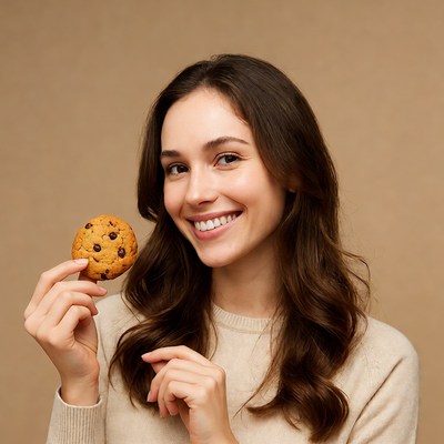 Woman holding chocolate chip cookie