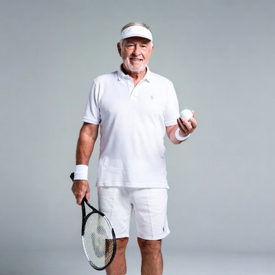 Senior man holding tennis racket and ball