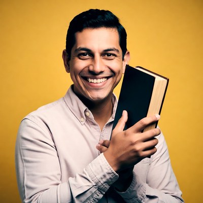 Smiling man holding book