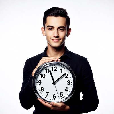 Young man holding clock