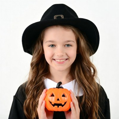 Girl in witch hat holding pumpkin