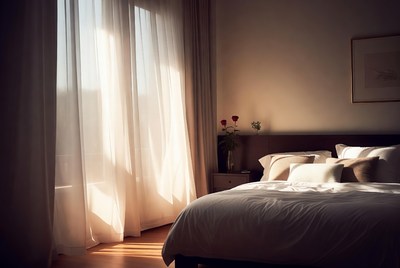 Sunlit bedroom with white curtains and bed