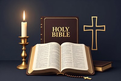 Open Holy Bible with Candle and Cross