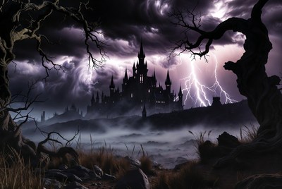 Dark Gothic Castle in Lightning Storm