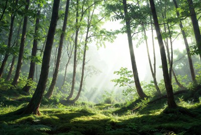 Sunlit Forest Path with Tall Trees