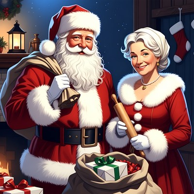 Santa Claus and Mrs. Claus with gifts