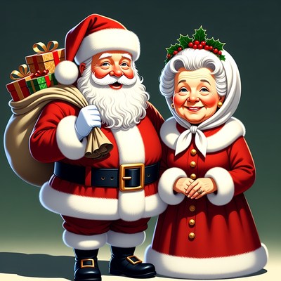 Santa Claus and Mrs. Claus with gifts