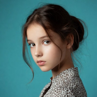 Girl with bun hairstyle on blue background