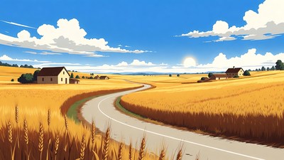 Winding road through golden wheat fields