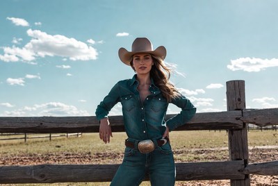 Woman in cowboy hat leaning on fence