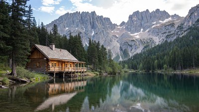Wooden Cabin by Mountain Lake