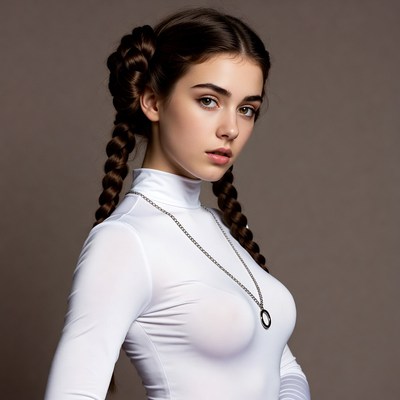 Woman with braided pigtails in white turtleneck
