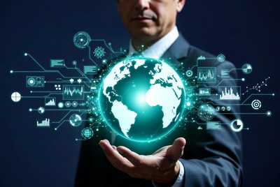 Man holding glowing world with data