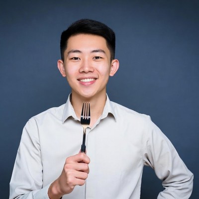 Asian man holding fork