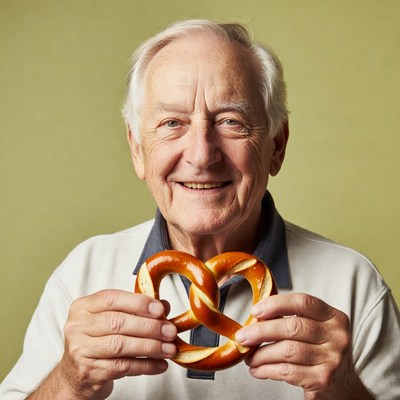 Elderly man holding pretzel