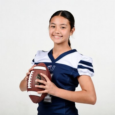 Asian girl holding football in jersey