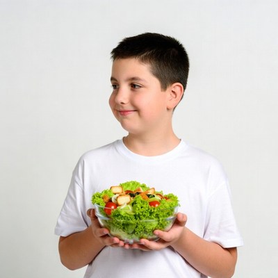 Boy holding fresh salad bowl