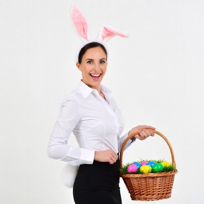 Woman in bunny ears holding Easter basket