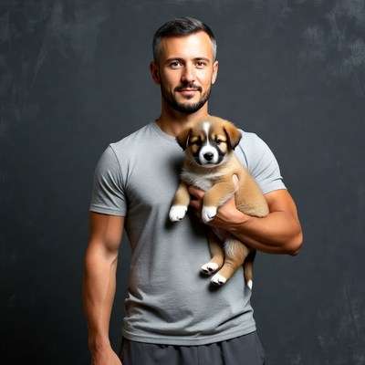 Man holding cute puppy