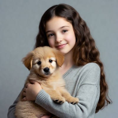 Girl holding golden retriever puppy