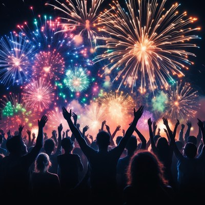 Crowd cheering at colorful fireworks