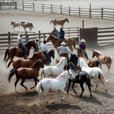 Cowboys herding horses in corral