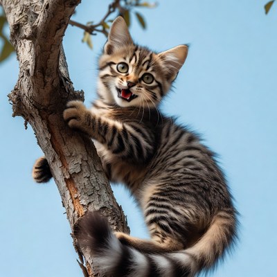Kitten climbing tree trunk