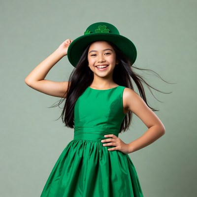 Asian girl in green shamrock hat