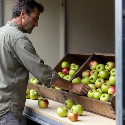 Man selecting apples from market crate