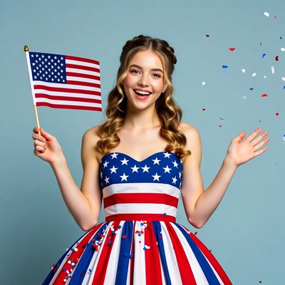 Girl holding American flag in patriotic dress