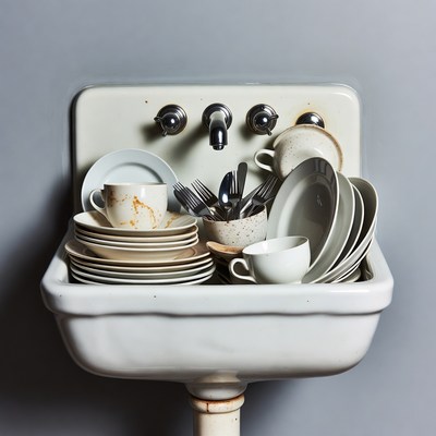 Dirty dishes piled in vintage sink