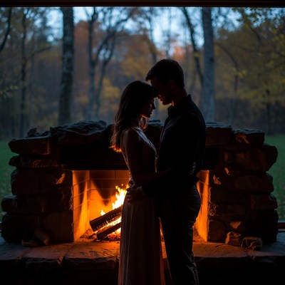 Couple embracing by fireplace in forest
