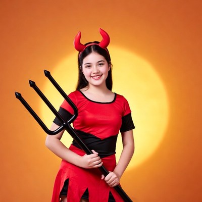 Girl in red devil costume with pitchfork