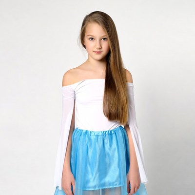 Girl in white off-shoulder top blue tulle skirt