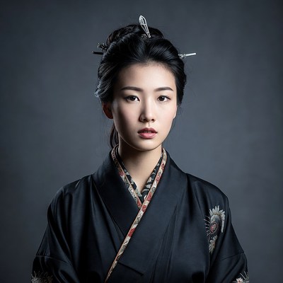 Asian woman in black kimono
