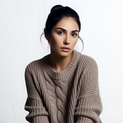 Woman in beige cable knit sweater