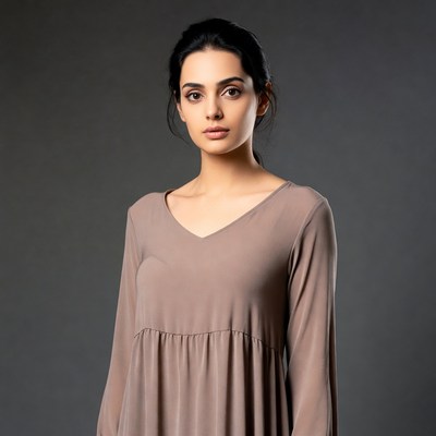 Indian woman in taupe chiffon dress