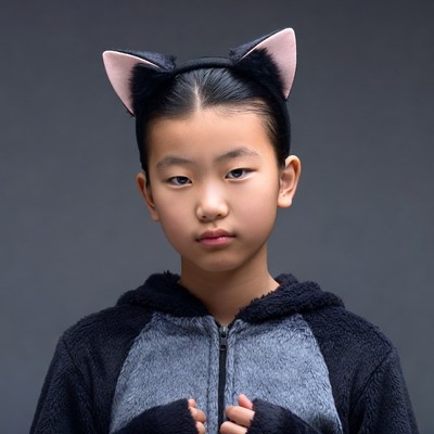 Asian girl in cat ears hoodie