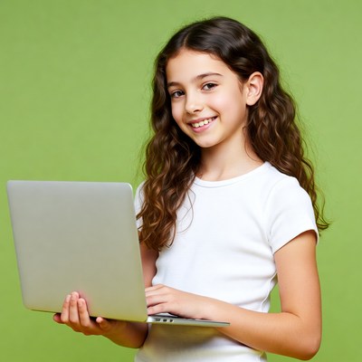 Girl using laptop on green background