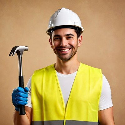 Smiling construction worker holding hammer