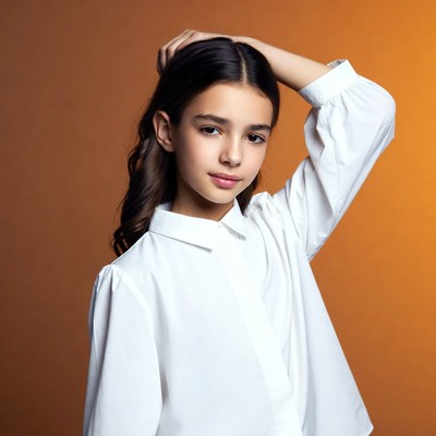 Girl touching hair on orange background