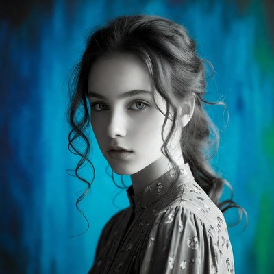 Woman with curly hair blue background